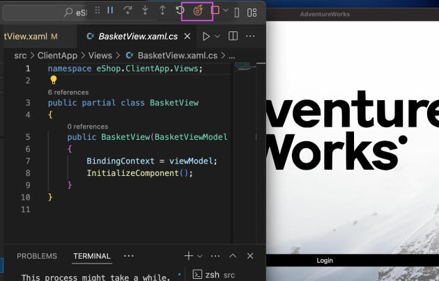 Hot Reload for C#-filer må aktiveres manuelt i innstillingene. Når det er gjort kan du trykke flammeikonet for å se endringene dine i appen. 📸: Microsoft