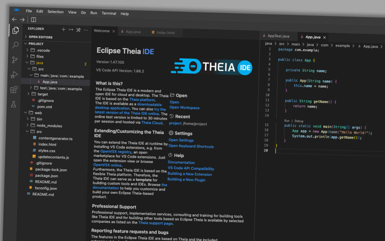 Eclipse Theia IDE ligner til forveksling på VS Code, men skal være bedre på personvern ifølge produsenten. 📸: Skjermbilde