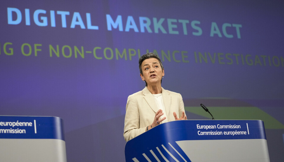 EU-kommissær Margrethe Vestager fotografert under en pressekonferanse om Digital Markets Act (DMA) i mars. 📸: Virginia Mayo / AP / NTB