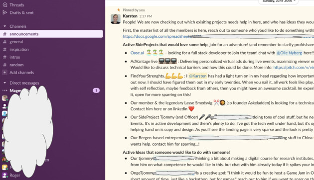 Via en Slack-kanal kan deltakerne i nettverket komme i kontakt med andre som vil samarbeide om sideprosjekter – enten kommersielt eller på hobbybasis.