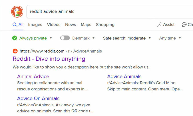 Søkemotoren DuckDuckGo vil gjerne vise oss en beskrivelse av undersiden til Reddit, men hevder den ikke får lov av Reddit. 📸: Skjermdump
