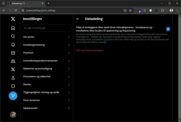 Denne haka på X, for å dele dataen vår med Grok, har ikke kode24 selv huka av. Du finner haka i innstillinger, under 'personvern og sikkerhet'.
