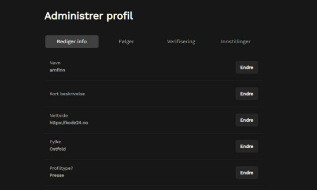 Brukerne skal kunne velge hva slags profiltype de ønsker, men kan også endre dette etterhvert. Utviklere kan også legge inn kompetansen sin, slik at det blir lettere å finne mulige samarbeidspartnere til prosjekter. 📸: Skjermdump