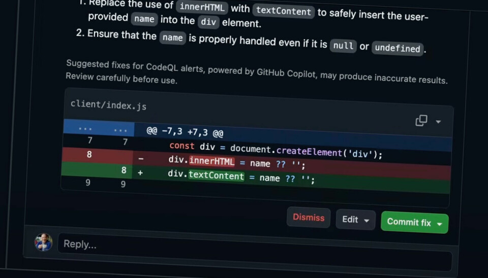 GitHub Copilot Autofix kan automatisk komme med forslag til hvordan du fikser sårbarheter i koden din, og lage en PR med den rettede koden. 📸: GitHub/YouTube