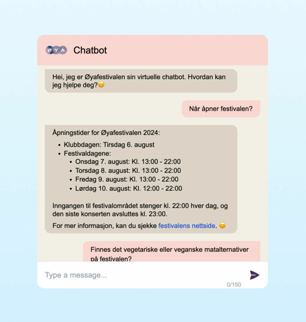 Kundene til Altek AI, som her fra Øyafestivalen, kan selv konfigurere chatbotten og sørge for at den får dataen den trenger for å svare så nøyaktig som mulig.