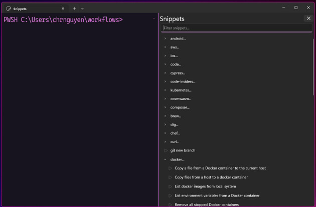 Klikk på snippeten du vil vil kjøre, og trykk 'play'-knappen for å sende kommandoene til kommandolinjen. 📸: Microsoft