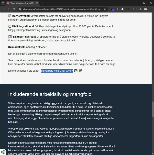 Fra Digdirs jobbannonse. Forøvrig er det ingenting som heter 'Chat GPT-4', men en tjeneste som heter ChatGPT og en modell som heter GPT-4.
