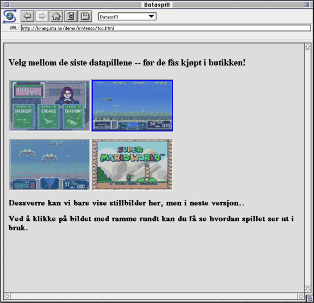MultiTorg promoterte de siste nyhetene innen Nintendo-spill. I rekonstruksjonen har Nasjonalbiblioteket også funnet spor av korte videoklipp fra Nintendo-spillene, men som datidens nettlesere ikke kunne spille av. 📸: Rekonstruksjon: Jon Carlstedt Tønnessen, Nasjonalbiblioteket.