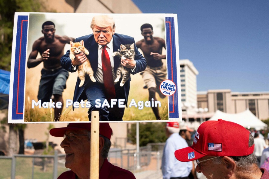 Trump har flere ganger hevdet at immigranter fra Haiti spiser kjæledyrene til innbyggerne i byen Springfield. Det har ført til at støttespillere av Trump har laget AI-genererte bilder av Trump som 'redder' katter, slik som på plakaten til denne demonstranten. 📸: Rebecca Noble / AFP / NBT