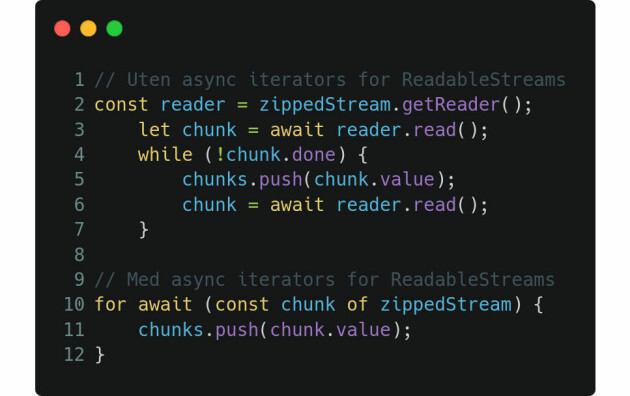 Se hvor mye enklere koden kan bli om Safari gjør det mulig å bruke Async Iterators på ReadableStreams.