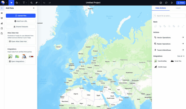 Slik ser brukergrensesnittet ut i Atlas.co – før vi har lagt til noen datalag.