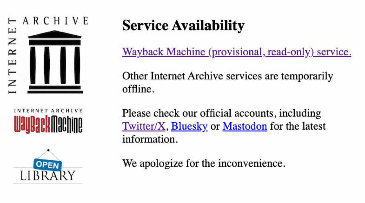 Flere av tjenestene til Internet Archive var fortsatt nede mandag morgen.