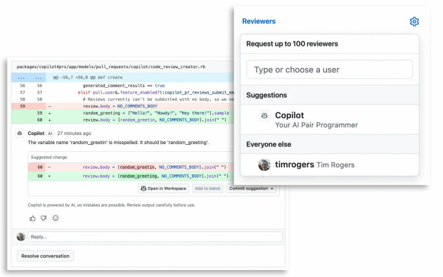 Du kan velge om du vil at et menneske skal sjekke koden din, eller overlate det til Copilot. 📸: GitHub