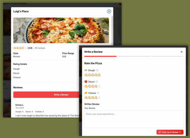 AI er ikke bare brukt til å lage appen – brukerne av appen kan også få hjelp av AI til å skrive pizza-anmeldelser ('Cook Up AI Review').