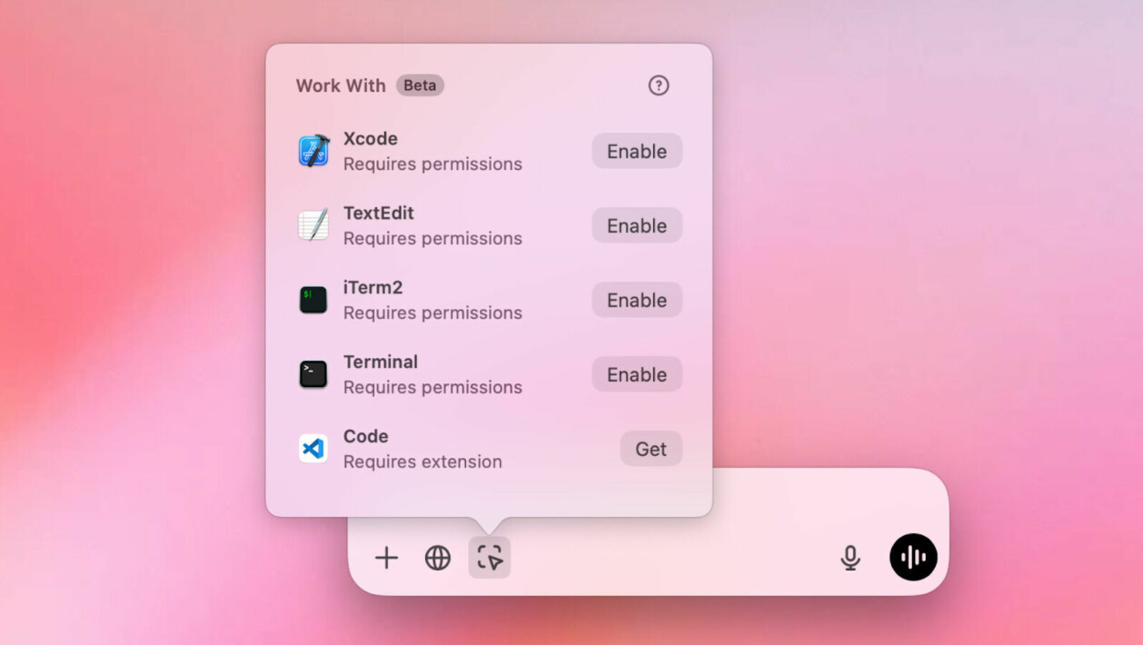 Work with Apps støtter både VS Code og Xcode. 📸: OpenAI