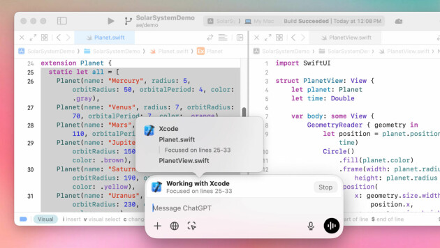 Her bruker ChatGPT kode fra Xcode som kontekst. 📸: OpenAI