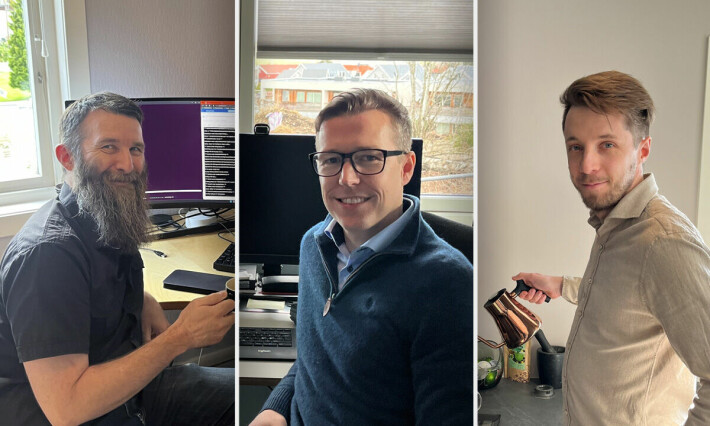 Disse utviklerne – eller 'hjemmekollegene' – har permanent hjemmekontor. Fra venstre: Ola Ormset (devops-tekniker i Halden), Lasse Solgaard (datautvikler i Sarpsborg) og Endre Egseth (devops-tekniker på Ringebu). 📸: Lånekassen