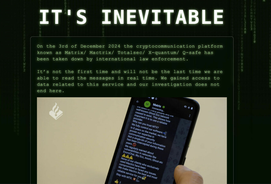 Europol har infiltrert og stengt ned den krypterte meldingstjenesten Matrix som ble brukt av kriminelle i flere land. 📸: Skjermdump / NTB