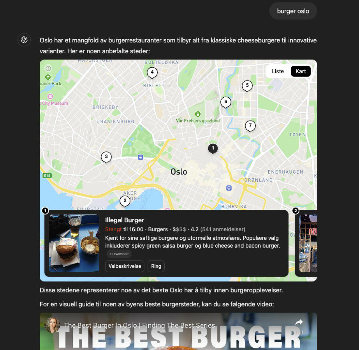 ChatGPT Search kan vise deg bedrifter og restauranter på et kart, med anmeldelser, åpningstider og annen relevant informasjon.