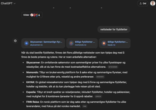 ChatGPT Search viser relevante lenker med en gang, før den begynner å hente frem tilleggsinformasjon. Dermed slipper du å vente hvis du bare vil besøke et bestemt nettsted eller tjeneste.