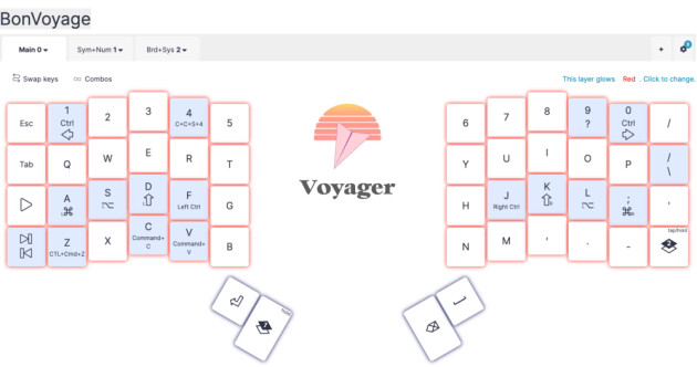 Nåværende keyboard-konfigurasjon, hvor blå taster indikerer at man skal holde inne for å få den nederste tasten.