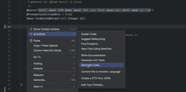 Du kan be JetBrains AI om for eksempel å genere kode, skrive enhetstester, eller konvertere kode fra ett språk til et annet. 📸: JetBrains