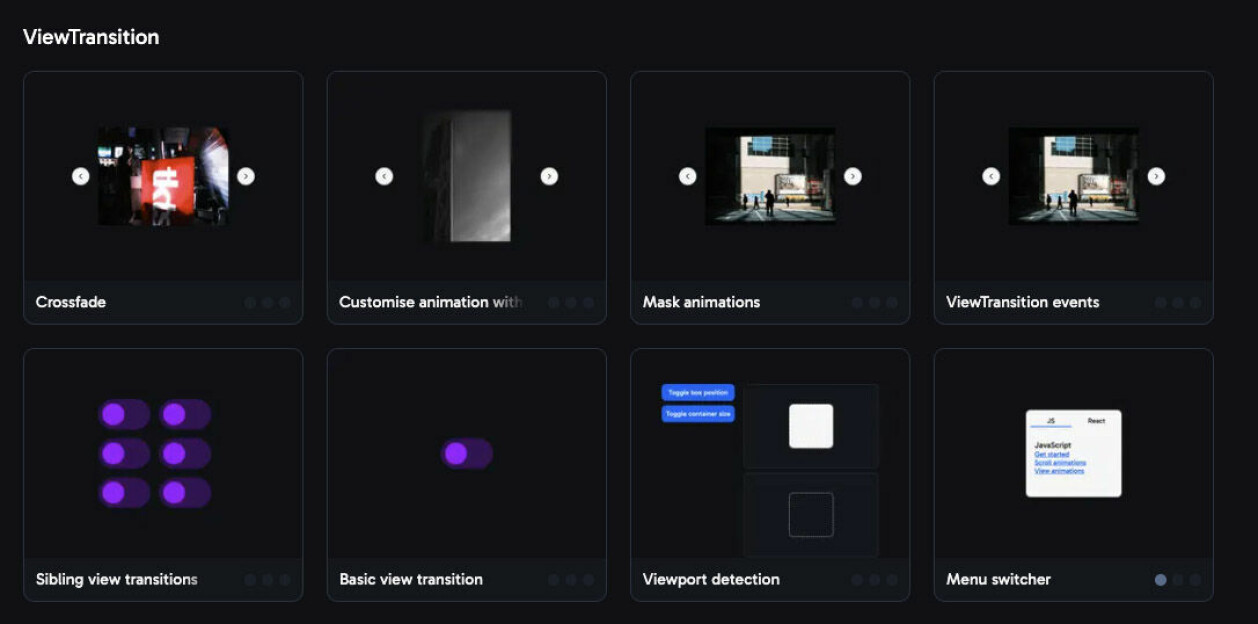 Motion.dev har laget en masse eksempler på hvordan du kan bruke ViewTransitions i React. 📸: Motion.dev