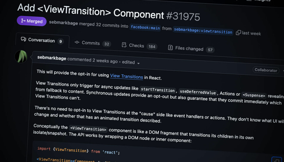 En pull request fra Vercel-utvikler Sebastian Markbåge kan tyde på at React endelig snart vil få støtte for View Transitions.