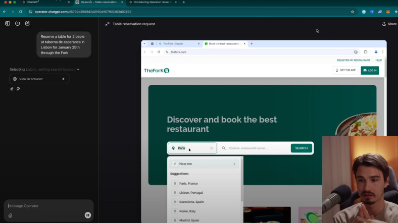 OpenAIs Operator kan bruke nettleseren for eksempel for å booke et bord på restaurant for deg. 📸: The AI Advantage (YouTube)