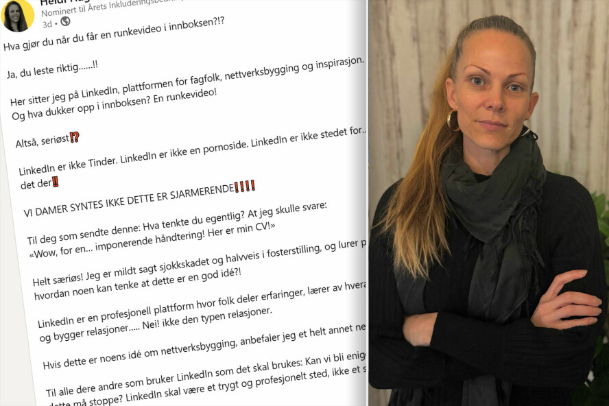 Heidi Hagaløkken fikk sist uke tilsendt en rekke meldinger fra en ny kontakt på LinkedIn. Det hele tok slutt etter at hun blokket mannen, som hadde sendt henne en video der han onanerte. 📸: Skjermdump / LinkedIn og privat