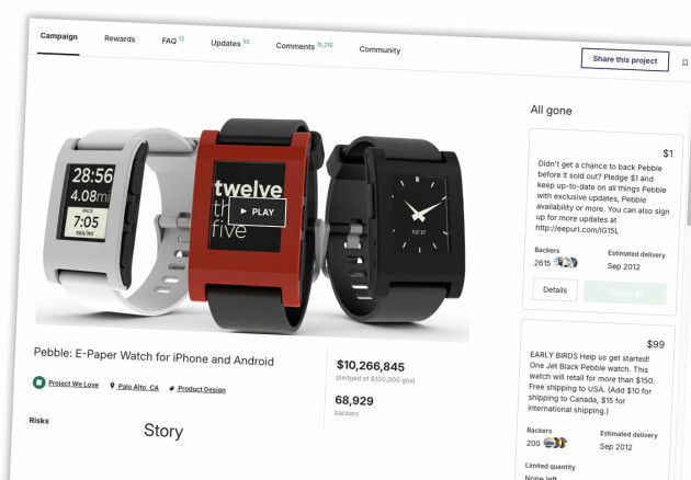 Slik ble Pebble presentert på Kickstarter i 2012, i det som den gangen var tidenes mest lukrative Kickstarter-kampanje. Selskapet gikk likevel konkurs, og ble senere solgt til Fitbit (nå Google).
