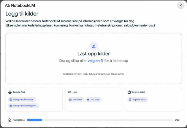 NotebookLM støtter de fleste kilder — til og med YouTube-videoer.