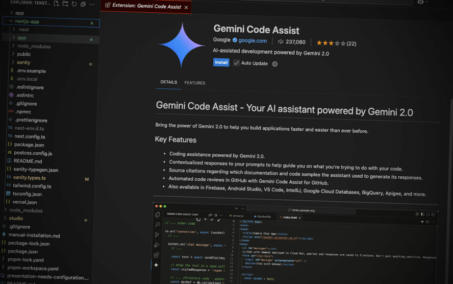 Google Gemini Code Assist fås som plugins for både Visual Studio Code og JetBrains sine editorer.