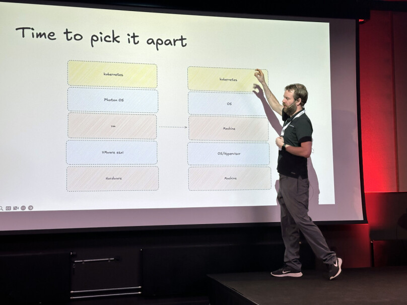 Senior systemingeniør Håvard Elnan i Norsk Helsenett fortalte hvordan de bygget sin egen skyplattform basert på Kubernetes og Photon OS. 📸: Kurt Lekanger