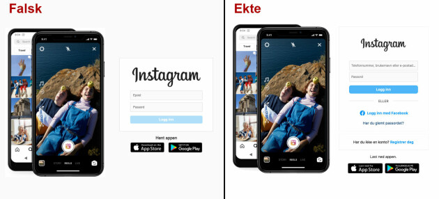 Til venstre: Den falske innloggingen på instagram.no. Til høyre: Den ekte innloggingssiden på instagram.com.