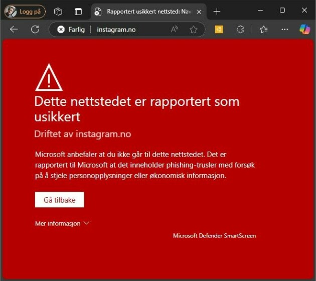 kode24 blir møtt av dette når vi besøker Instagram.no fra Edge.