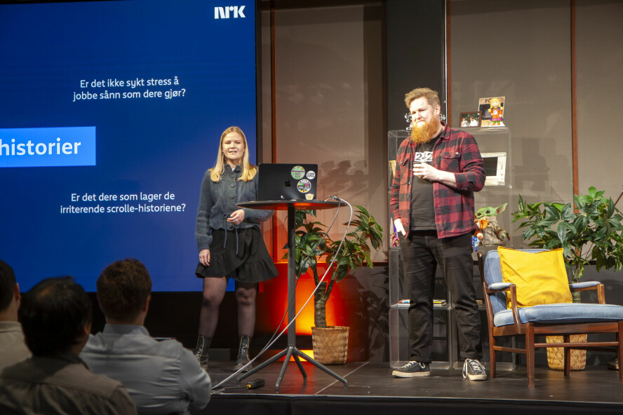 Vilde Jølstad Paschen og Stian Veum Møllersen i NRK på kode24-dagen. 📸: Kurt Lekanger