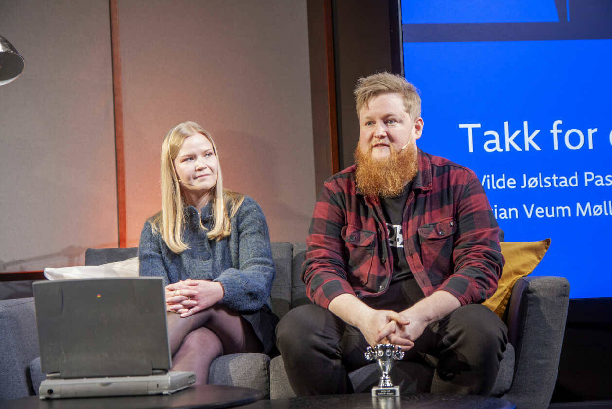 Vilde Jølstad Paschen og Stian Veum Møllersen i NRK. 📸: Kurt Lekanger