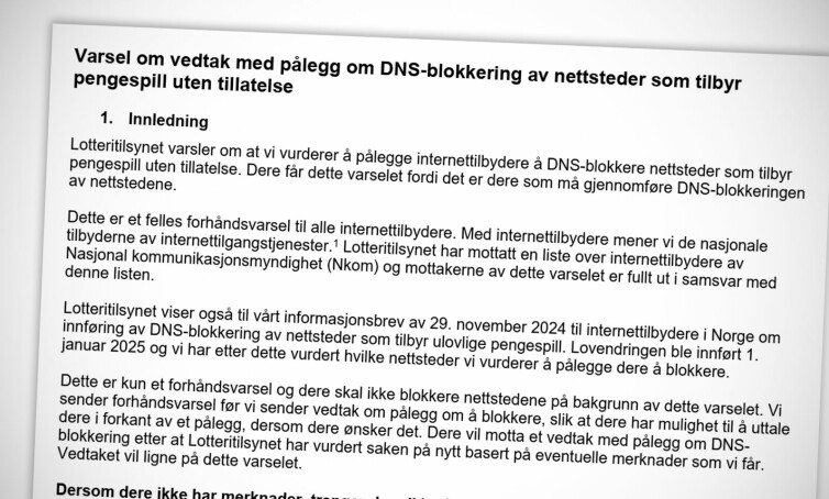 Alle norske internett-tilbydere har mottatt dette brevet der de pålegges å blokkere utenlandske spillnettsteder i DNS før 31. mars. 📸: Brev fra Lotteritilsynet