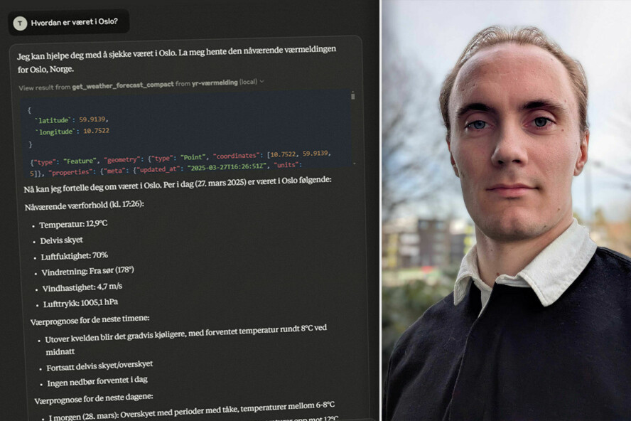 Med MCP kan du for eksempel få en språkmodell til å gi deg reelle værmeldinger fra Yr, forteller Axel Tveiten Bech. 📸: Privat / kode24