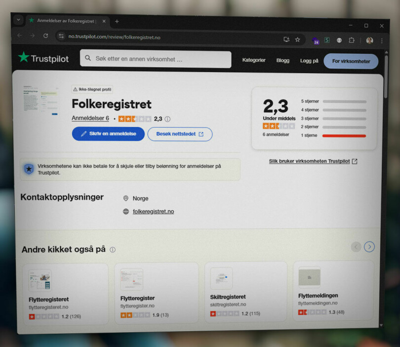 Folkeregistret.no inneholder per nå ingenting annet enn en beskjed om at domenet er parkert hos Domeneshop, og Wayback Machine har ikke en særlig pen kopi, men på blant annet Trustpilot ser man spor av hva som har foregått. Mange mener det var svindel. 📸: Ole Petter Baugerød Stokke