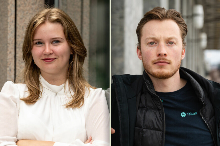 Studentlederne i NITO og Tekna, Sofie Strøm Olsen og Elias Draugedalen, mener begge at det er bekymringsfullt med et såpass stort fall i antall førstevalgssøkere til IT. 📸: Bjarne Krogstad / NITO og Tekna