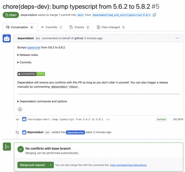 Dependabot lager en PR, med release-notes og kompatibilitets-sjekk
