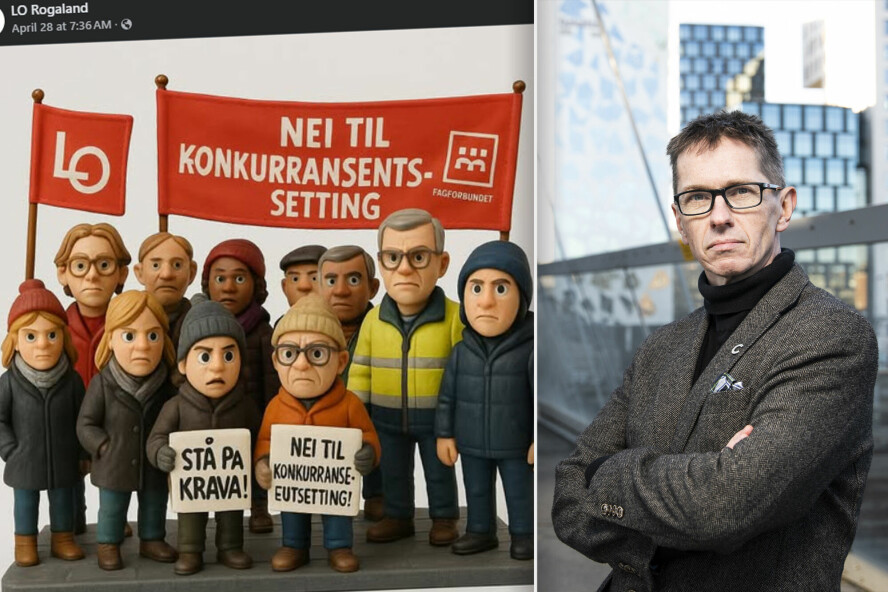 Hans Ole Rian i Creo reagerte sterkt på AI-bildene som ble brukt av LO-avdelinger i forbindelse med 1. mai, med forsøksvise budskap som «Nei til konkurranseutsetting!» 📸: LO Rogaland / Facebook / Ihne Pedersen / Creo