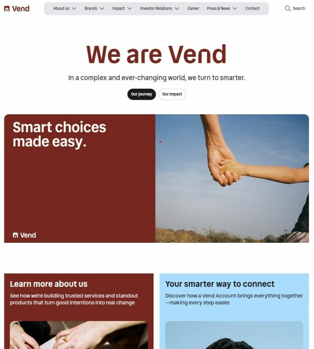 Det er kanskje ikke helt åpenbart ved første øyekast at dette er den nye sida til eieren av Finn.no, men det er det, altså, på Vend.com.