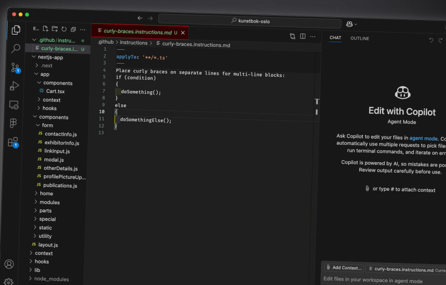 Nå kan du lage instruksjonsfiler som VS Code skal bruke som kontekst når du spør den om noe i chatten. 📸: Kurt Lekanger