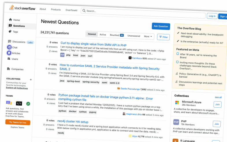 Trafikken til Stack Overflow har falt dramatisk de siste årene. 📸: Skjermbilde fra stackoverflow.com