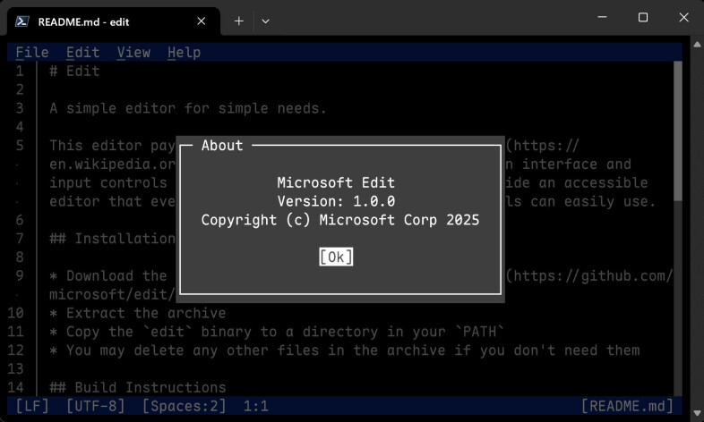 Brukergrensesnittet kunne vært laget på 80-tallet – men skinnet bedrar: Dette er en topp moderne editor skrevet i Rust, og snart den nye standard CLI-editoren i Windows. 📸: Microsoft
