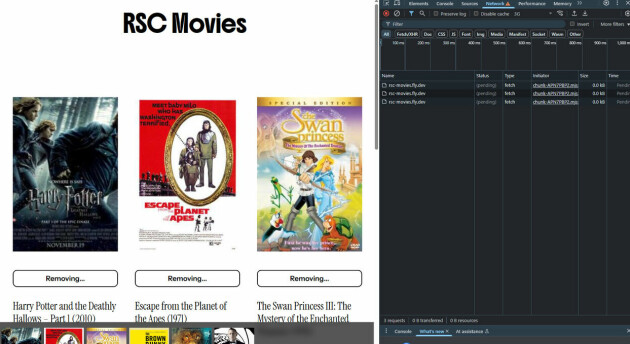 I demo-applikasjonen, RSC Movies, ser vi tydelig at server actionen for å legge til/fjerne filmer som favoritt kjører i parallell.