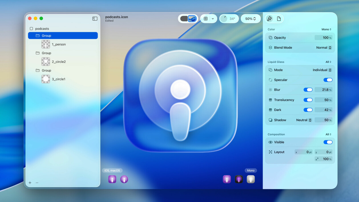 Icon Composer-appen lar deg lage app-ikoner der du kan justere uskarphet, justere gjennomsiktighet, teste lysreflekser og så videre. 📸: Apple